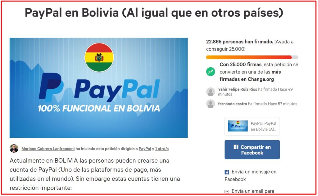 Petición de PayPal en Bolivia